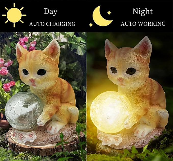 coolboy Solar Cat Outdoor Garden Statue,Waterproof LED Lights Outdoor Decor,Resin Cat Ornament,Solar Lantern Indoor Figurines for Patio Garden Table Decor