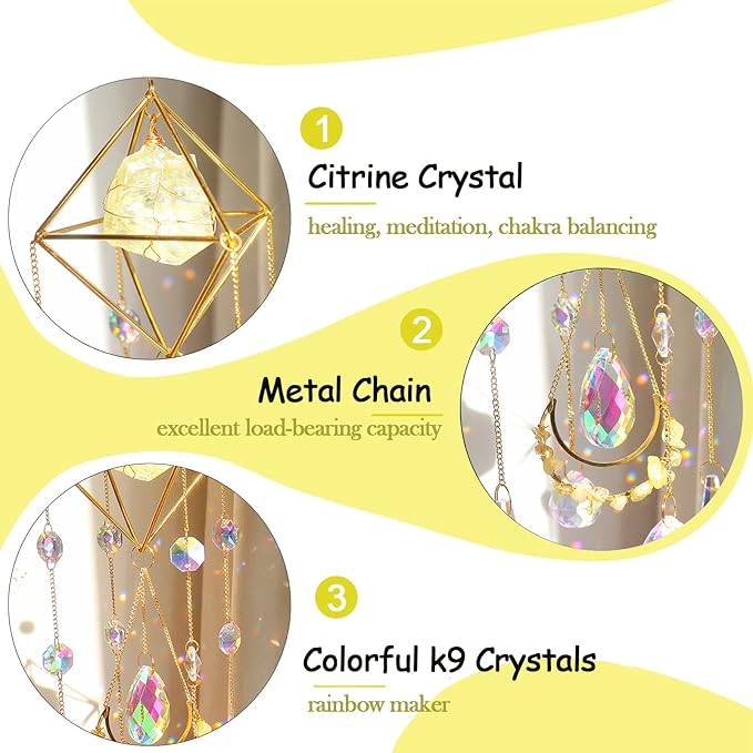 Citrine Crystal Suncatchers Colorful Prisms Windows Decor Garden Wind Chimes with Chain Pendant for Wedding Party Indoor Outdoor Decorations