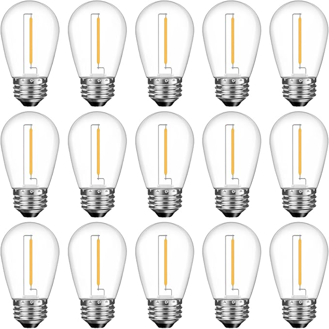 Shatterproof S14 LED Replacement Bulbs for Outdoor String Lights, 15 Pack 1W Equivalent to 11W Incandescent Bulb, Soft White 2200K, Dimmable, E26 Regular Base