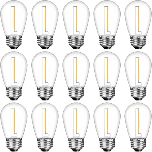 Shatterproof S14 LED Replacement Bulbs for Outdoor String Lights, 15 Pack 1W Equivalent to 11W Incandescent Bulb, Soft White 2200K, Dimmable, E26 Regular Base