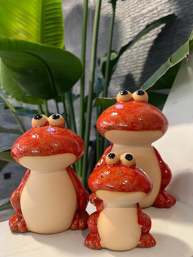 Frog Garden Decoration Set of 3,Funny Cute Ceramic Frog Garden Statues Yard Decoration Outdoor Holiday Decorations,Ideal Ornament for Outside Pond Pool Patio Front Porch Backyard (Red)
