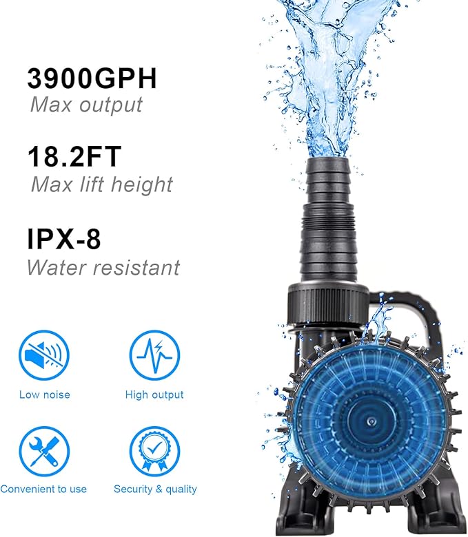 Outdoor Large 3900gph-230W 32.8FT Pond Water-fall & Kio Fish Fountain-s &Garden Pump Submersible IPX8: Long 32.8FT Cord Smart-er & Quieter Duck & Yard &Patio Ponds Pumps, 1 Barrier Pump Bag