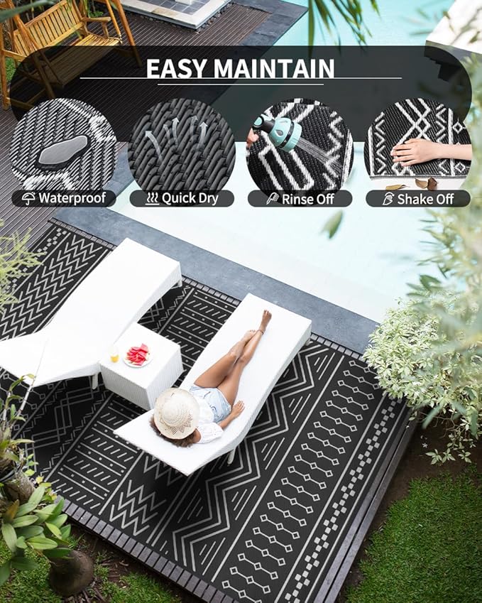 Outdoor Rug Carpet Waterproof 8x10 ft Patio Rug Mat Indoor Outdoor Area Rug for RV Camping Picnic Reversible Lightweight Plastic Straw Outside Rug for Patio Decor Decoration Boho Rug Black White