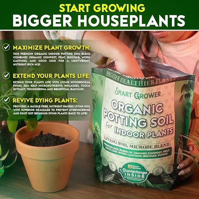 Organic Potting Soil for Indoor Plants. Boost House Plant Growth for Monstera, Fiddle Leaf, Money Tree, Pothos, Snake Plant, Aroid, Flowers, Herbs, Veggies, & More, Smart Grower 3 LB Ready to Plant