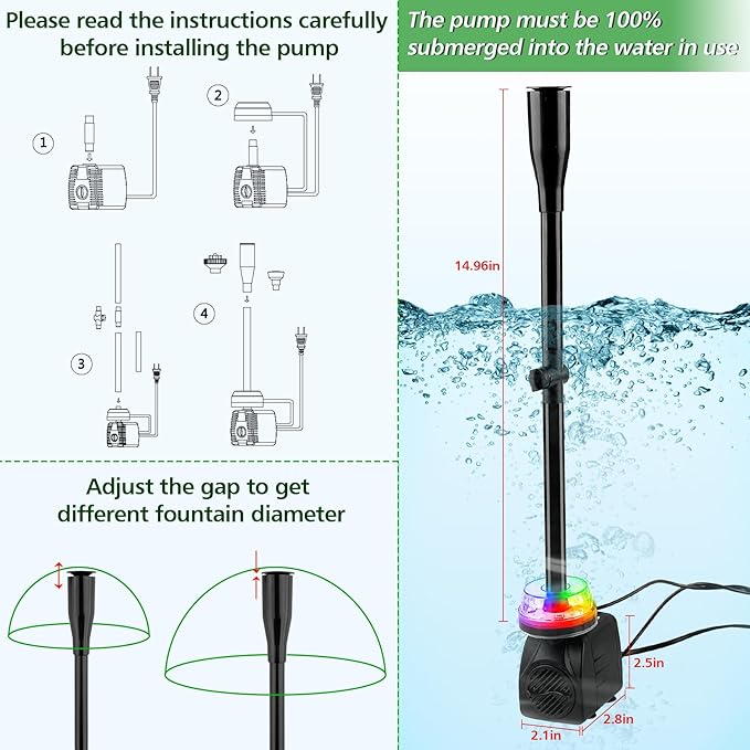 15W 800L/H Submersible Pond Fountain Pump with LED Lights, Ultra Quiet Water Pump, Pond Fountains Pump for Small Pond, Koi, Garden, Aquariums, Fish Tanks, Indoor Outdoor Fountain 3 Type Nozzles