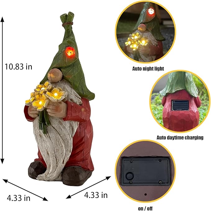 Garden Gnome Statue Outdoor Decor, Solar Garden Gnome Figurine Light, Resin Statues Sculpture for Patio Yard Lawn Outdoor Decorations