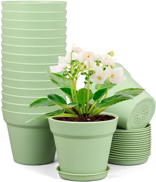 6 inch Plastic Nursery Pots, 16 Pack Plant Pots for Small Indoor Outdoor Plants, Flower Pots with Drainage Holes and Saucers, Decorative Seeding Starter Planters for Houseplants, Green