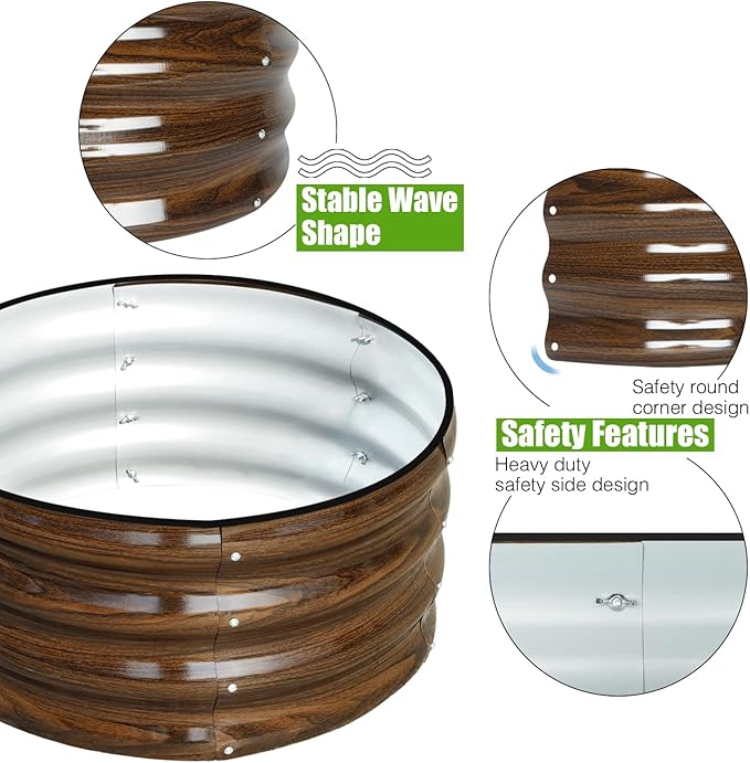 SnugNiture 2x2x1ft Round Galvanized Raised Garden Bed Kit Outdoor, Metal Planter Box for Planting Plants Vegetables, Brown