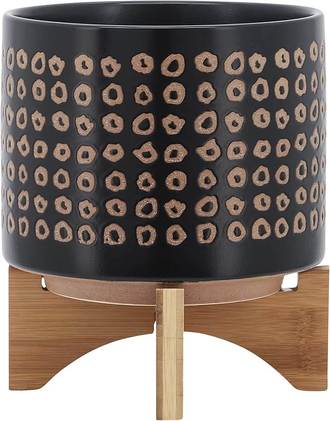 Sagebook Home 9.25" H 8" Diameter Natural Sand and Deep Brown Glazed Ceramic Dotted Planter on Brown Rubberwood Stand for Indoor and Outdoor Decorating