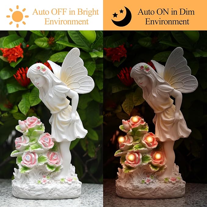 Angel Garden Statue, Guardian Solar Garden Decor with Warm Light, Waterproof Butterfly Angel Figurine with Flowers, Outdoor Garden Decor Sculpture for Lawn Yard Patio Windowsill, White