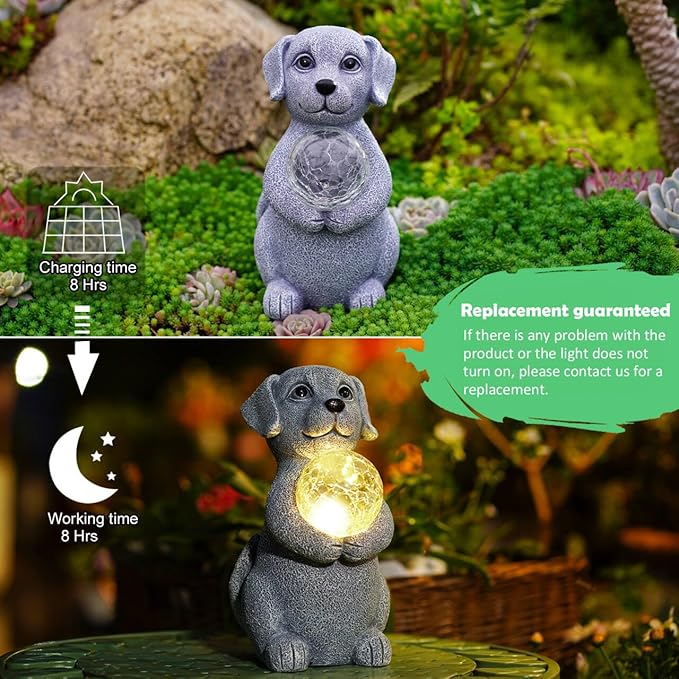 Solar Dog Garden Statues - 8.4 "Dog Decor with Gazing Ball Solar LED Lights, Unique Gifts for Mom Grandma Birthdays, Outdoor Decor for Outside Lawn Porch Patio (Gray)