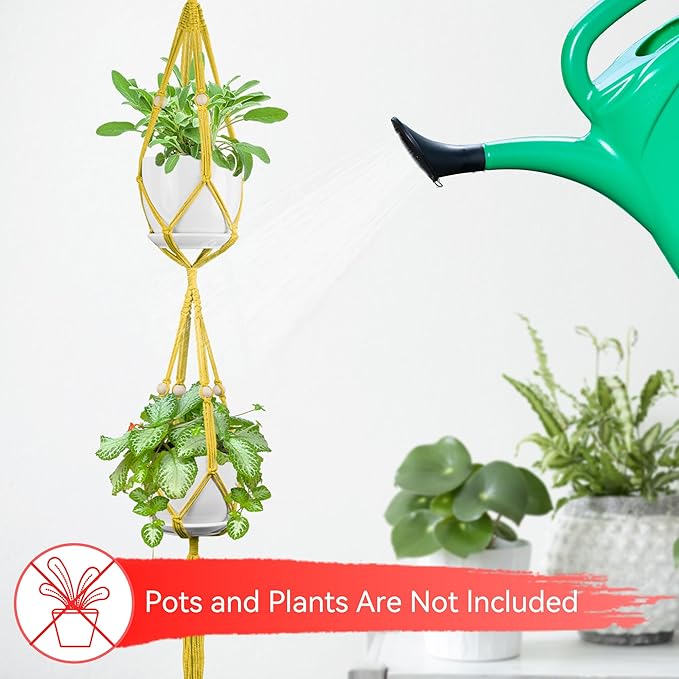 USLAI Macrame Plant Hanger Indoor Outdoor, Up to 4-15 inch Pot, Heavy 20lb Planters, Extra Long Strong Hanging Planter Basket Holder, Boho Home Decor, 49+72 Inch, Yellow (POTS NOT Included)
