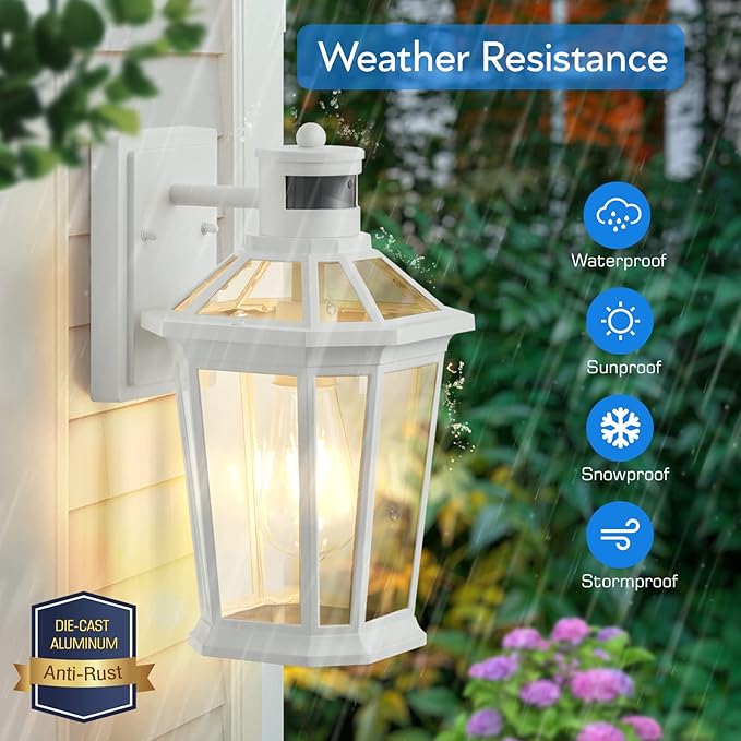 VIANIS Motion Sensor Outdoor Exterior Light Fixture, White Outdoor Porch Lights Wall Mount, Waterproof Dusk to Dawn Coach Lantern, Modern Outdoor Lights Fixtures for Garage, Front Door