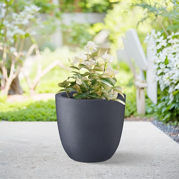 Kante 14 Inch Dia Round Concrete Planter, Indoor Outdoor Large Plant Pot with Drainage Hole and Rubber Plug for Home Patio Garden, Dark Gray