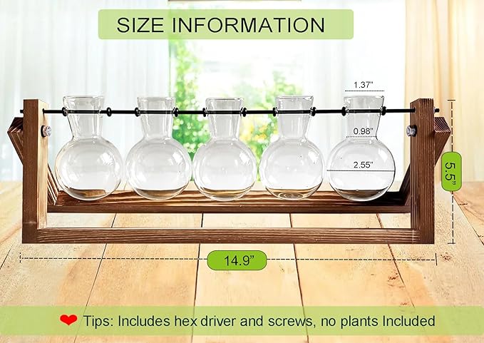 Kingbuy Plant Propagation Station with 5 Bulb Vases Retro Wooden Stand Desktop Glass Planter Terrarium for Hydroponics Plants Home Office Décor