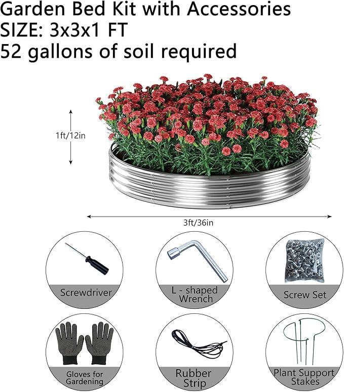 Galvanized Metal Planter Raised Garden Bed Kit for Gardening Outdoor，Height 12 Inch, 3x3x1ft Round Galvanized Steel Fire Pit，Steel Fire Pit Silver for Backyard, Camping, Bonfire