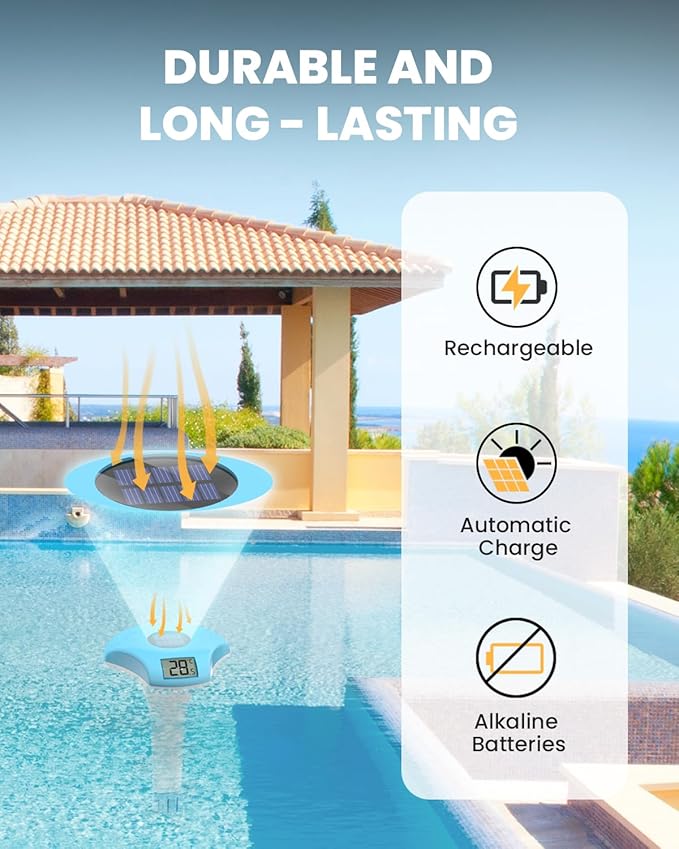 BALDR Pool Thermometer Floating Easy Read, IPX8 Waterproof, Solar Powered Digital Pool Thermometer with LCD Screen,Suitable for Swimming Pool/Hot Tub/Hot Spring/Aquarium (Blue)