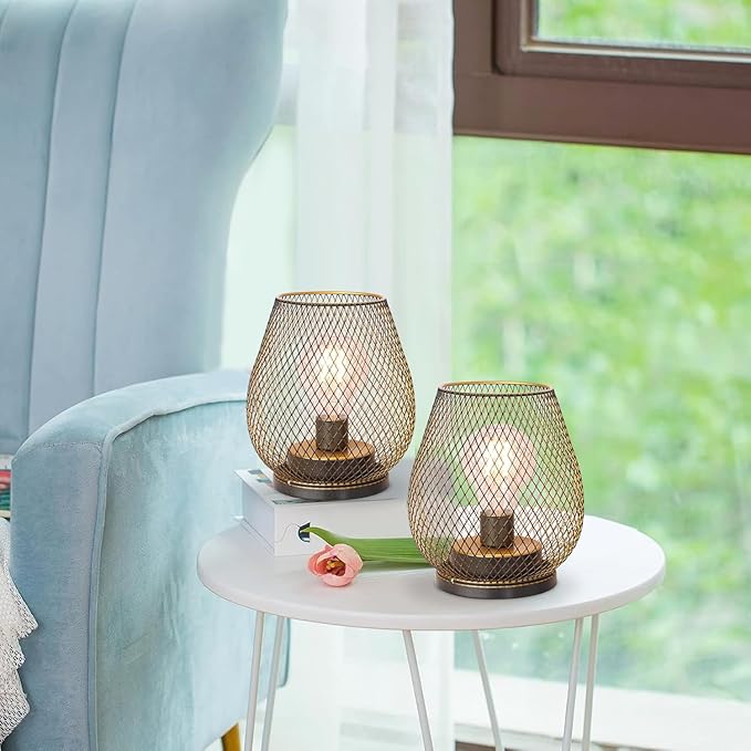 DECORKEY Set of 2 Battery Operated Lamp LED Table Lantern, Golden Metal Cage Cordless Lamps with LED Bulb，Vintage Decorative Outdoor Lantern for Weddings, Parties, Patio, Events for Indoor Shelf Decor