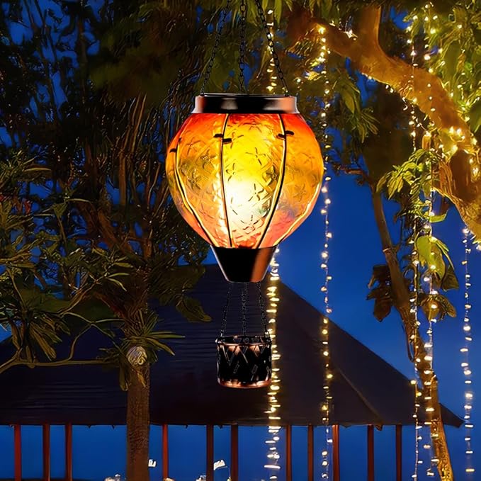 DREAMSOUL Rainbow Hot Air Balloon Solar Lantern, Metal & Glass With Flickering Flame, Hanging Waterproof Outdoor Lantern for Lawn, Patio, Tree Decor, Christmas Gifts