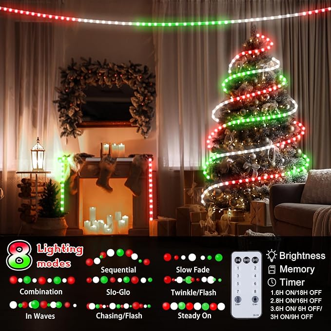 Christmas Rope Lights Outdoor, 50Ft 600 LED Red White Green String Light, Waterproof Tube Light Plug in 8 Modes Timer Memory, Permanent Christmas Lights for Tree Fence Garden Party Decorations
