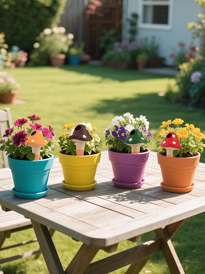 Kalolary 4Pcs Plant Watering Globes, Self Watering Spikes Terracotta Drip Water Stakes Irrigation Watering Bulbs for Pot, Indoor, Outdoor, Vacation (Mushroom)