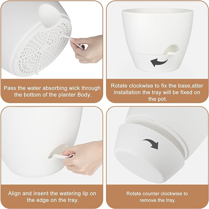 Plant Pots 10/9/8/7.5/7 Inch Self Watering Pots, Set of 5 Plastic Planters with Drainage Holes and Saucers,Plastic Flower Pots,Nursery Planting Pot for Indoor Out Door Plants(Pure White)