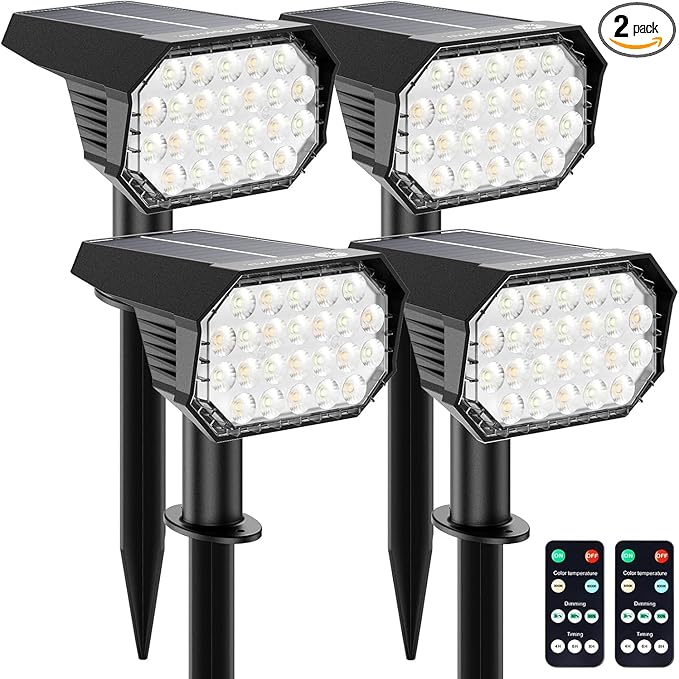 Brightown Solar Lights Outdoor Waterproof IP67, [Cool & Warm Light 2-in-1] Solar Spot Lights Outdoor, 2 Colors 3 Brightness Levels LED Outdoor Solar Lights for Yard Pathway Garden House, 2 Pack