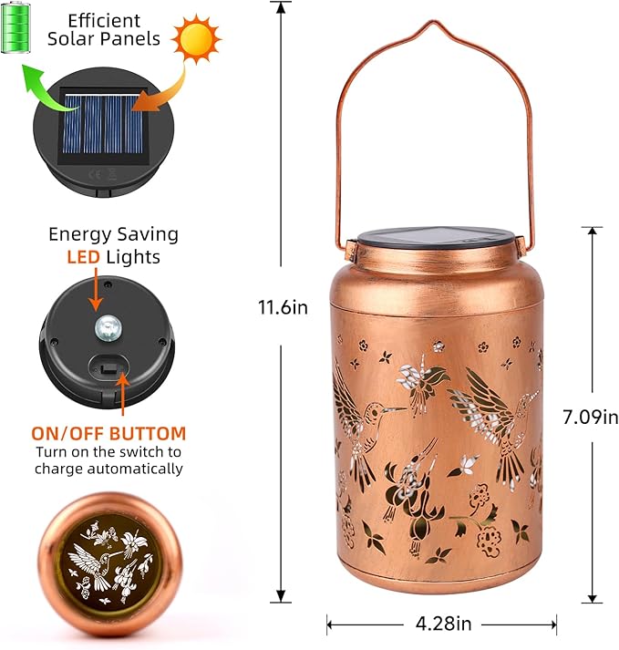 Solar Lanterns Outdoor Waterproof Hummingbird Hanging Solar Lights,Hollowed Metal Lantern Light Decorative for Garden,Patio,Yard,Lawn,Front,Porch Decor Christmas Gifts for Women mom Grandma 2pack