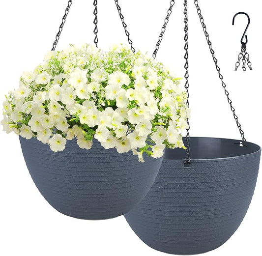 summer flower 2 Pack 9.9 Inch Self Watering Hanging, Deep Planters Hanging Pots for Indoor Outdoor Plants Hanging Baskets Hanging Plant Holder Plant Hanger for Flower Garden Porch Ceiling (Dark Gray)