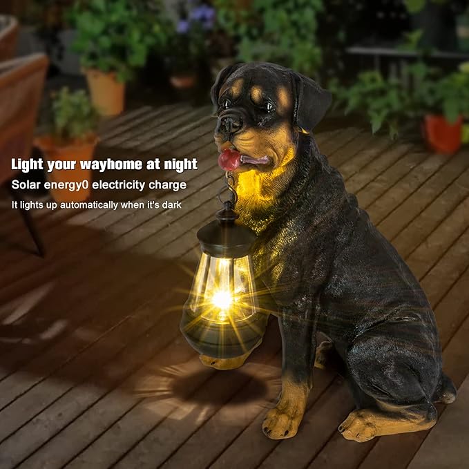 Notakia Resin Dog Rottweiler Statues and Sculptures with Solar Led Home Garden Decoration Windproof Lamp Outdoor Lighting Decor (Rottweiler &LED)