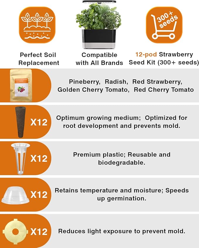 Red Strawberry and Pineberry Seed Pod Kit for AeroGarden, idoo, Ahopegarden, MUFGA with Strawberry, Pineberry, Radish, Red/Golden Harvest Cherry Tomato - Compatible with All Hydroponics (12-Pod)
