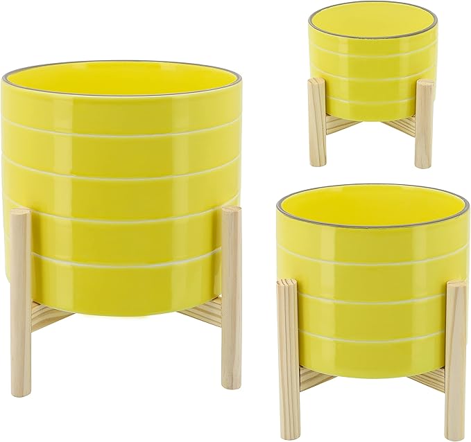 Sagebook Home 8" Planter on Stand - Ceramic Planter on Wooden Base - Contemporary Yellow and White Striped Design Indoor or Outdoor Plant Stand Decor
