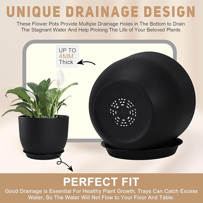 Plant Pots 10/9/8/7.5/7 inch Set of 5,Flower Pots with Multi Mesh Drainage Holes, Large Planters for Indoor Outdoor Garden Plants and Flowers. (Black)