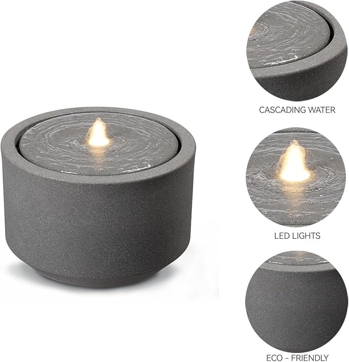 10.23” H Outdoor Water Fountain Made with Eco-Friendly Recyclable Materials, Polyethylene Round Bubbler Outdoor Fountain, Garden Decor with LED Light for Patio, Porch, Backyard