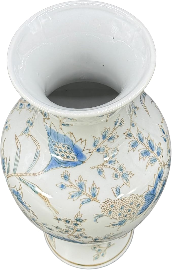 Galt International White & Blue Floral Chinoiserie Ceramic Vase 14" - Hand Painted Antique Style Porcelain Flower Bottle Fishtail Porcelain Chinese Vase for Home Decor Centerpiece