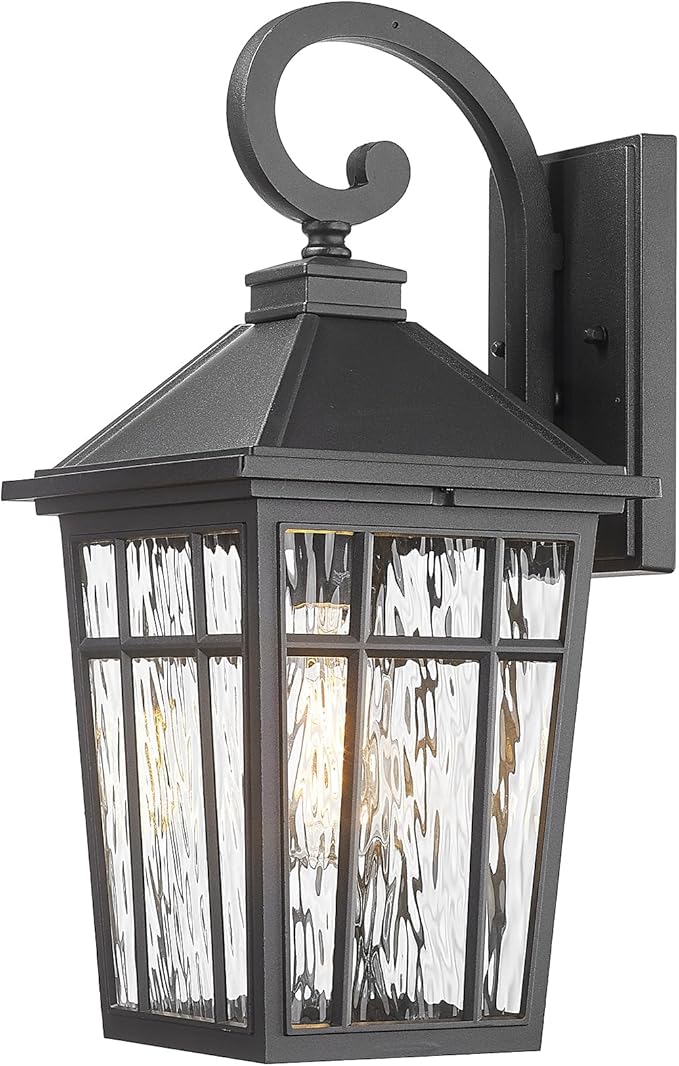 Outdoor Wall Lights 14 Inch Exterior Waterproof Lighting Fixtures Aluminum Material and Water Ripple Glass E26 Socket Black Outdoor Lights for House Garages