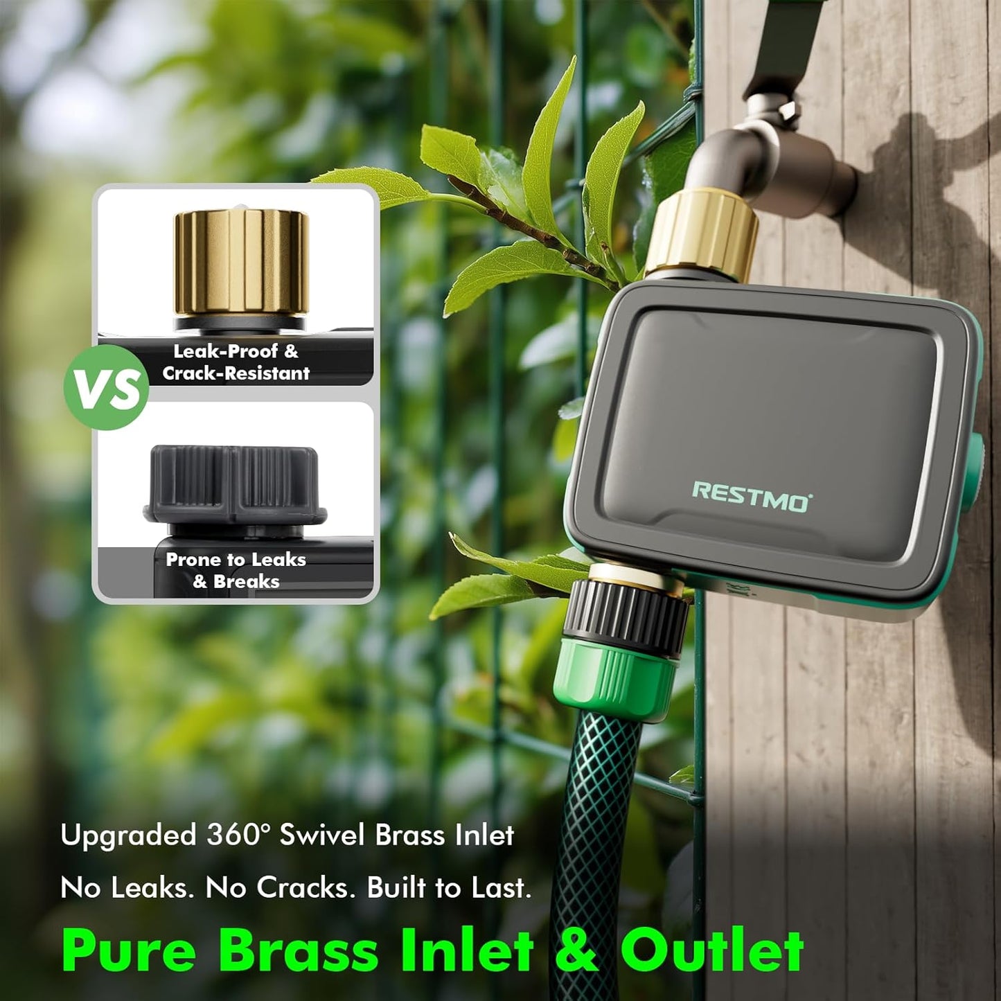 RESTMO Smart Sprinkler Timer with Flow Meter, Water Timer for Garden Hose, Brass Inlet & Outlet, Automatic Lawn & Yard Irrigation Watering System, APP Remote Control (RF Hub + WiFi Connection)