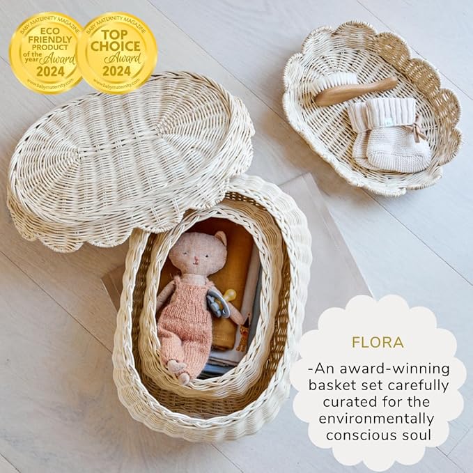 BEBE BASK The Original Scalloped Basket Set Of 2 – Small Scallop Basket - 15 x 10 x 6 In - Hand-Woven & Award-Winning - Elegant Wicker With Scalloped Edge Lid - Nursery Storage - (Natural)