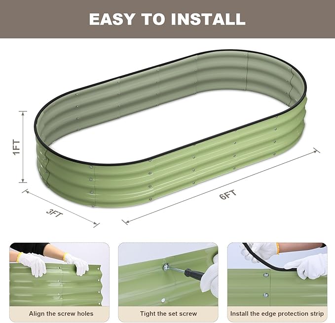 Raised Garden Bed, 6x3x1ft Galvanized Outdoor Planter Beds with Safety Edging and Gloves, Oval Metal Planter Box for Gardening Vegetables Flowers Herb