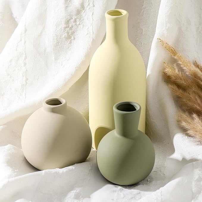Vase Set of 3, Ceramic Vases Home Decor Flower Decorative Table Decor Vase Pottery Neutral Vases for Tray Table Mantel Living Room Kitchen Bedroom Bathroom Entryway -Light Color