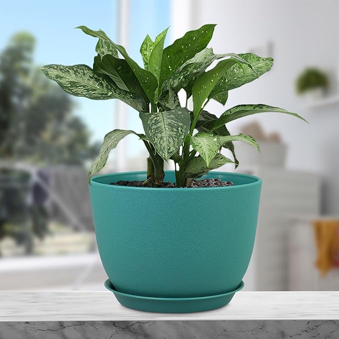 Plant Pots 12 inch, Plastic Planters with Drainage Holes and Saucers, Large Flower Pots for Indoor Outdoor Plants, Modern Decorative Pots for Garden House Plants, Blue Green