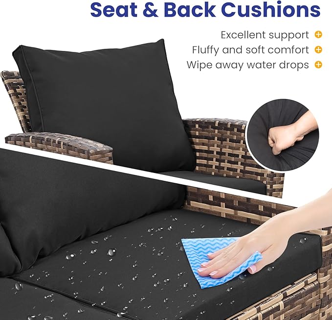 5 Piece Patio Furniture Set with 43" Propane Fire Pit Table, Outdoor Wicker Conversation Set, Rattan Modern Sectional Sofa Couch with Coffee Table for Backyard Porch Garden Poolside, Yellow-Black