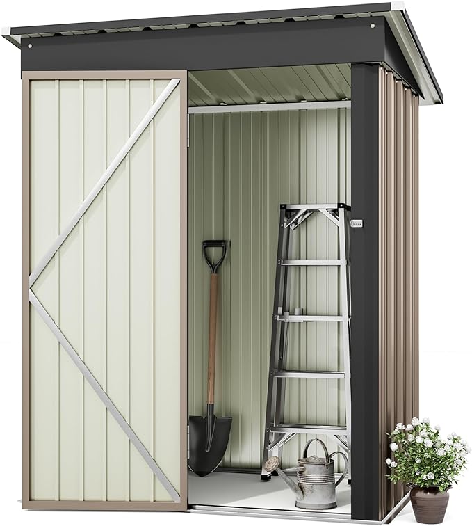 Greesum Outdoor Storage Shed 5 x 3 ft. Utility Tool Shed Metal Storage Garden Shed with Door & Lock for Patio Storage, Brown