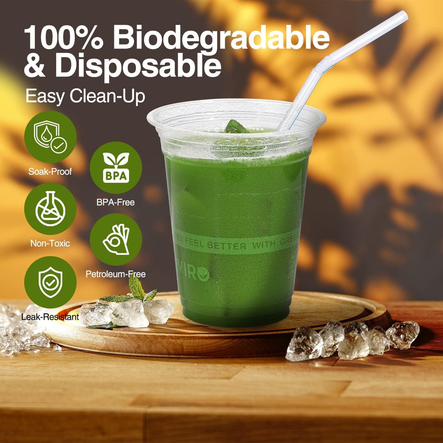 Eco Compostable Plant-Based Clear Plastic Cups 16oz Thick, Reusable, Disposable Iced Coffee Cups for Smoothies, Beer & Any Beverages for Parties, Weddings & Gatherings (16oz)