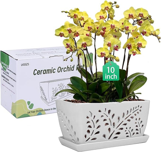 Ceramic Orchid Pot, 10 Inch Rectangular Orchid Pots with Holes, Premium Thickened Handmade Glazed Pot for Orchidaceae Plants, Indoor Outdoor Decorative Flower Pot for Easy Repotting