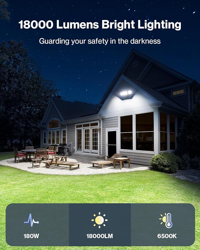 Olafus 180W Motion Sensor Outdoor Lights, 18000lm Dusk to Dawn LED Flood Lights Outdoor Wired, 6500K Daylight Motion Lights for Outside, IP65 Waterproof Exterior Security Light, Black