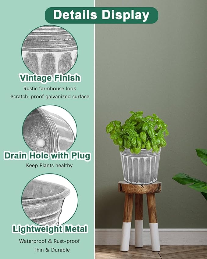 vensovo 6 Inch Silver Metal Rustic Flower Pots - 6Pcs Galvanized Planters with Drainage Hole and Rubber Plug, Rustproof Metal Bucket Plant Pots Farmhouse Vintage Style for Decor