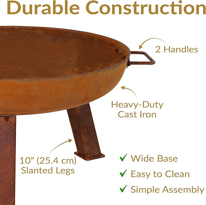 Sunnydaze 24-Inch Cast Iron Heavy-Duty Fire Pit for Outside - Wood-Burning Outdoor Fire Pit Bowl with Handles - Oxidized Finish