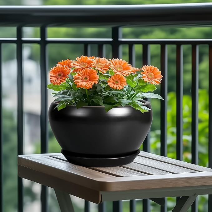 Ceramic Pot for Plants - 11 Inch Plant Pot Indoor with Drainage Hole and Saucer Large Planter Decorative Planter Modern Outdoor Flower Pot for House Balcony Black