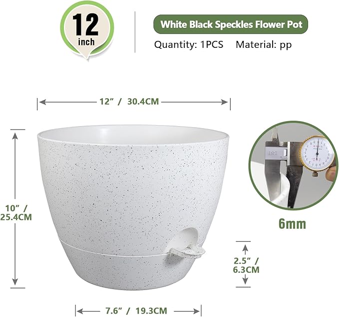 12 inch Large Self Watering Pots for Indoor Outdoor Plants, Plant Pots with Mesh Drainage Holes for Garden House Plants, Plastic Planters with Reservoir for Flower, Speckled White